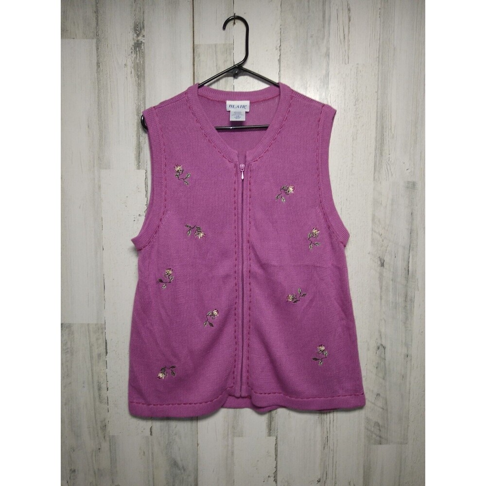 Vintage Blair Embroidered Sweater Vest Full Zip Floral Cottagecore Purple Fairy